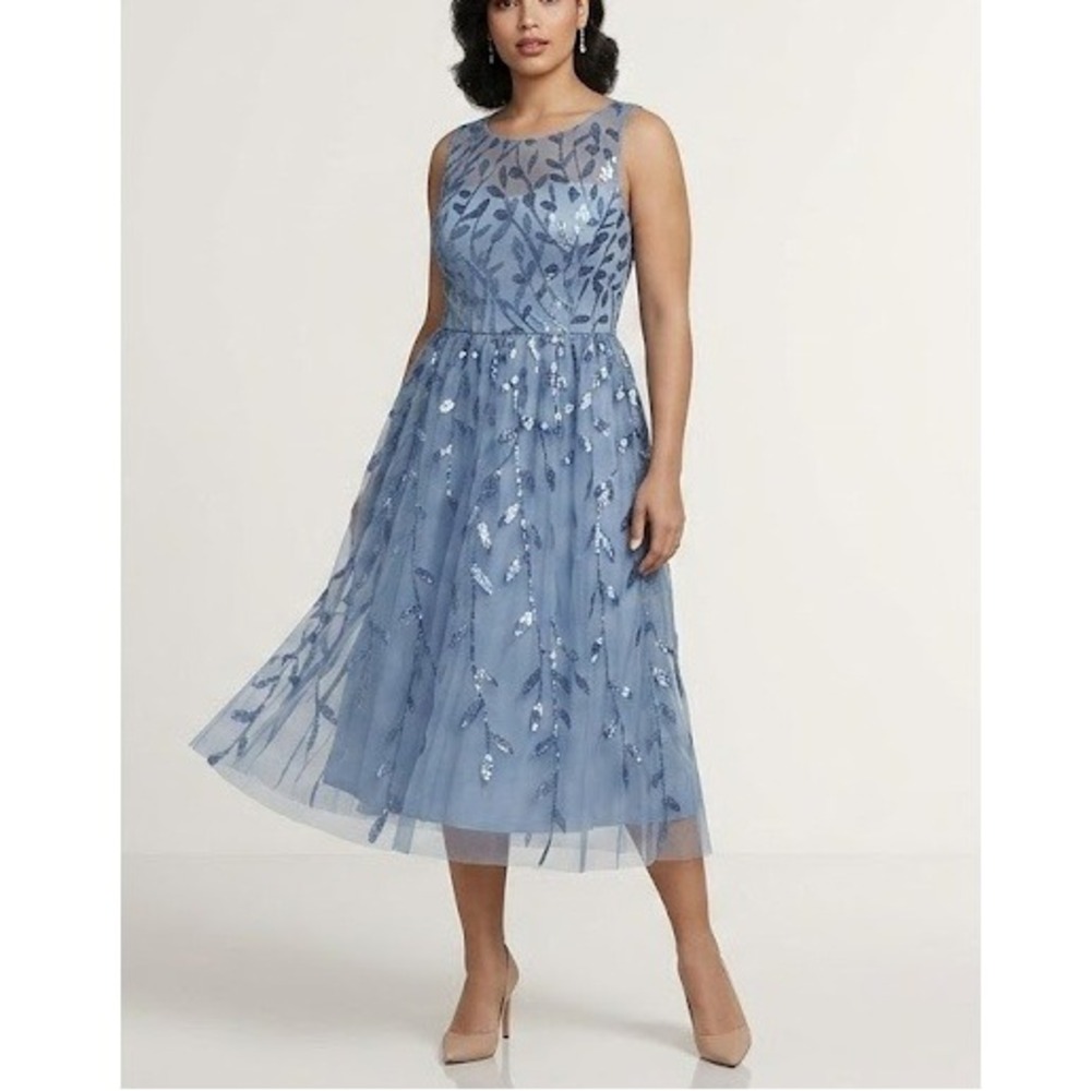 Ever Pretty Women's Dusty Blue Sequin Wedding Guest Midi Dress Size 10 NWT